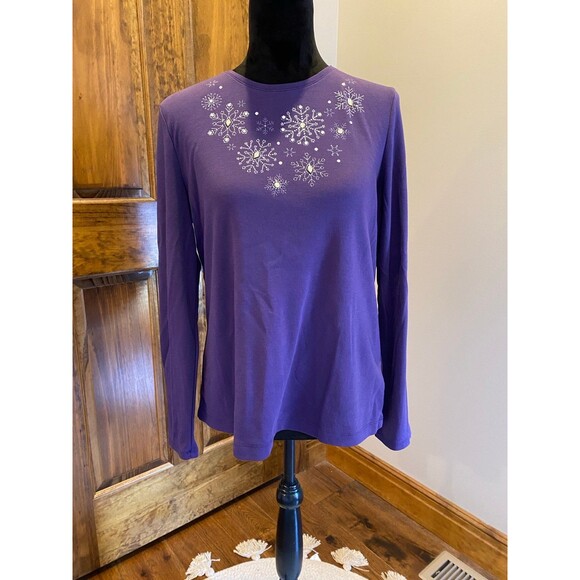 croft and barrow Purple Large T Shirt Top w/Glittery Holiday Snowflakes Stretchy - Picture 1 of 6